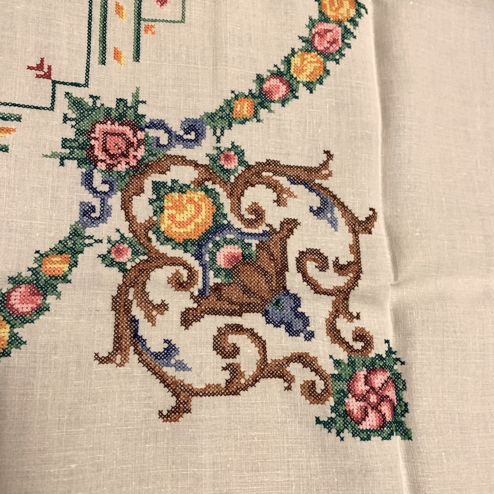 🌸 Vintage Hand-Embroidery Cross-Stitch Tablecloth from Poland